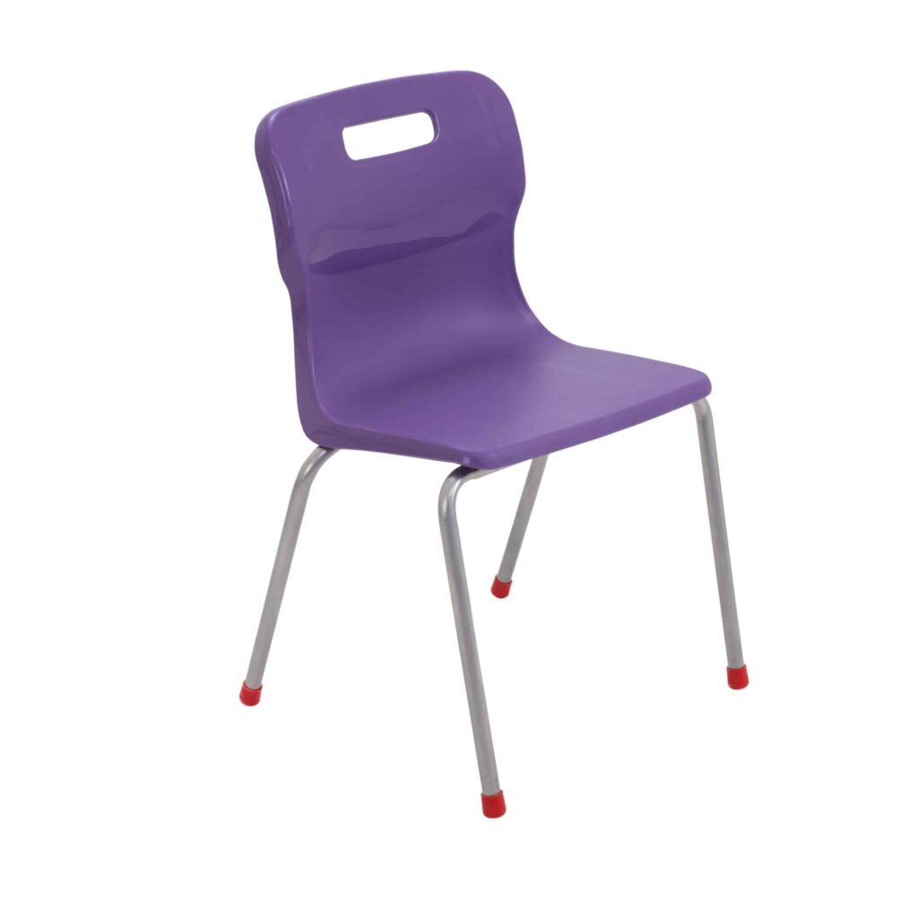 Durable Titan 4 Leg Chair in purple, impact-resistant shell, steel frame, anti-tilt legs, and stacking capability.