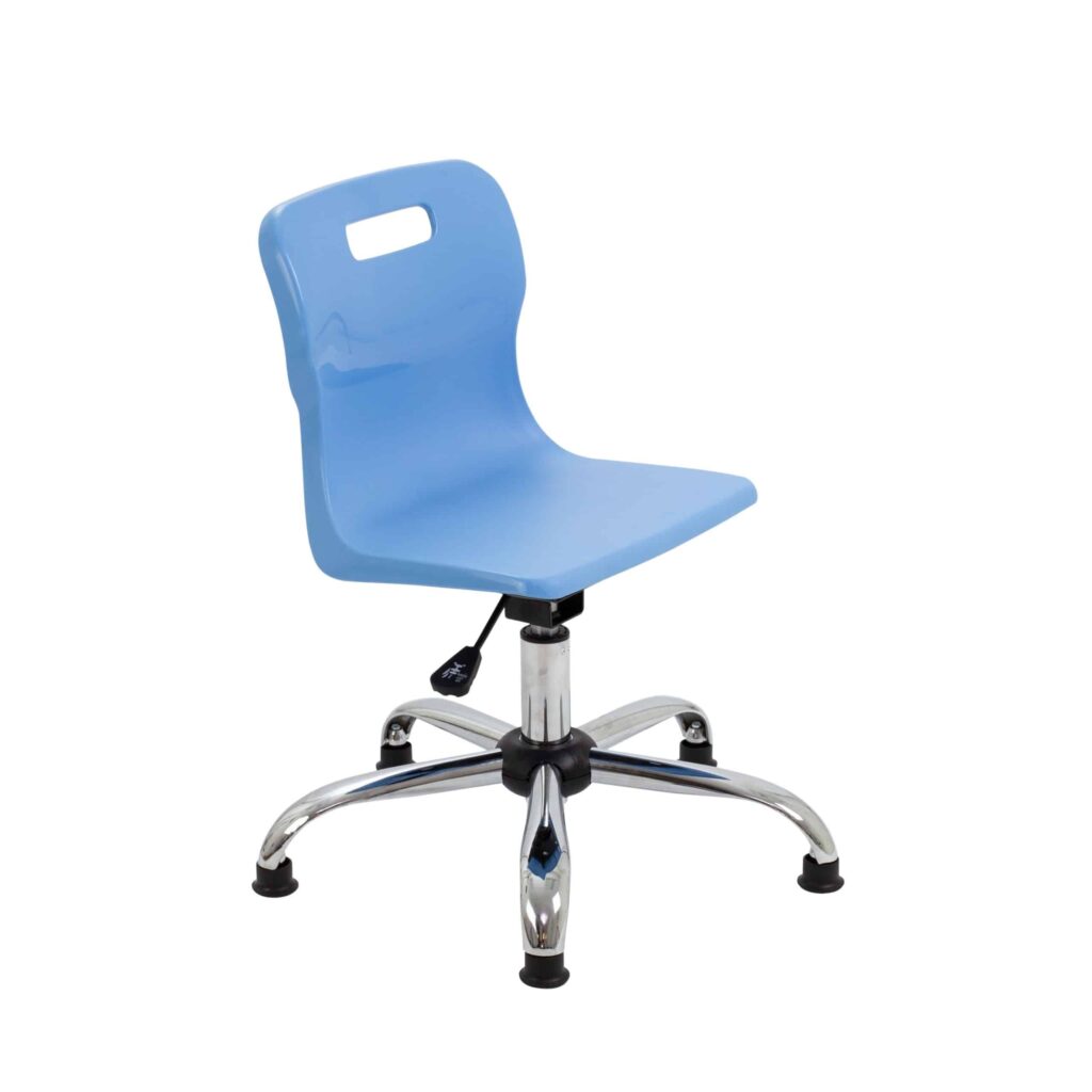 Titan Swivel Junior Chair in blue with plastic seat, chrome base, glide feet, and height adjustability for educational settings.
