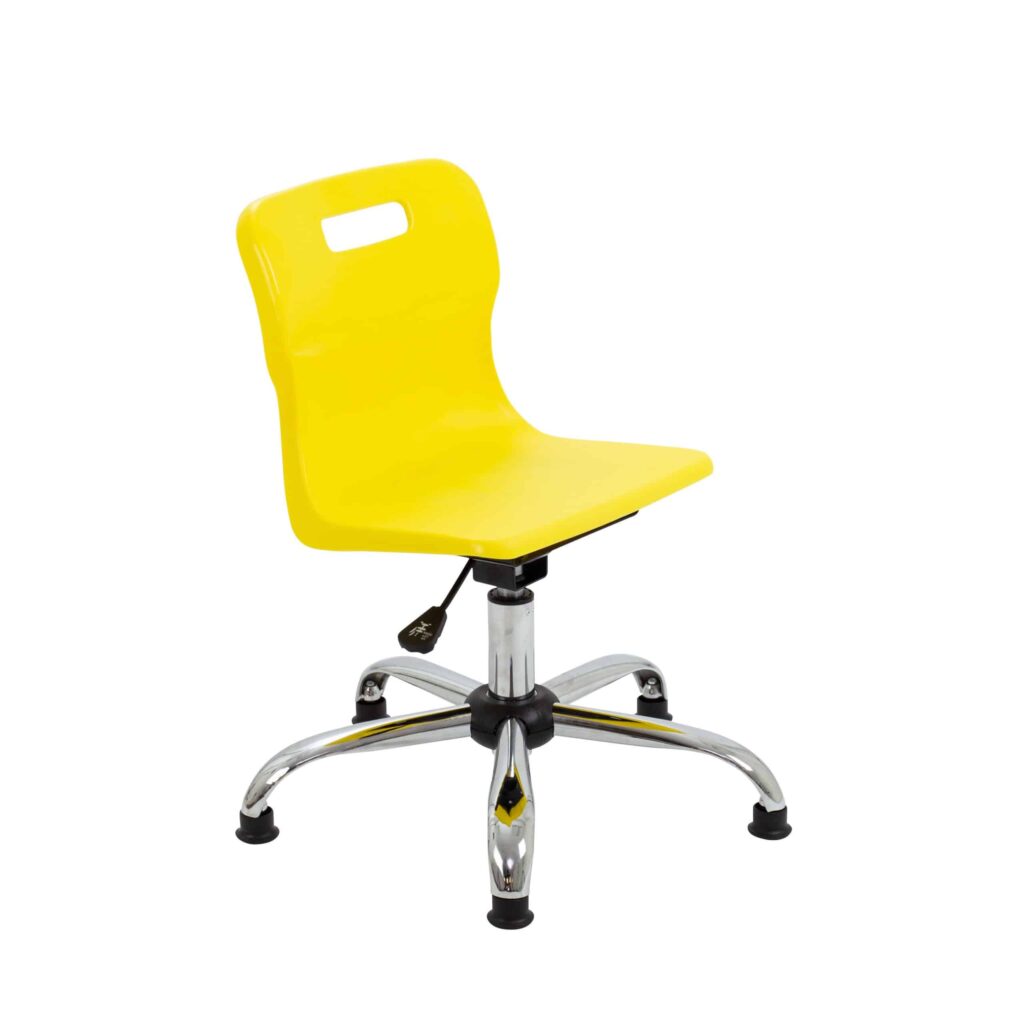 Titan Swivel Junior Chair in yellow with chrome 4-star base, height-adjustable seat, and anti-tilt safety features.