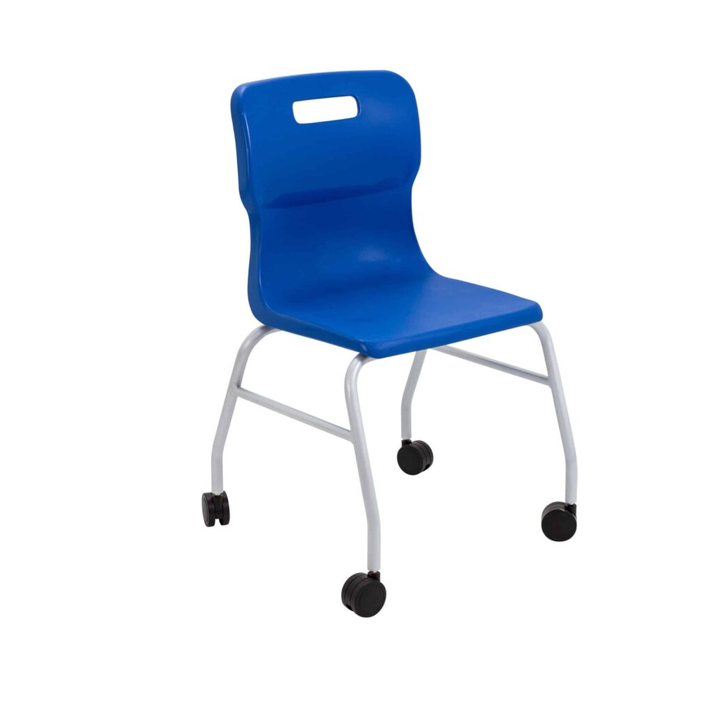 Titan Move 4 Leg Chair with Castors, blue seat, 28mm tubular steel frame, mobile and stackable for educational spaces.