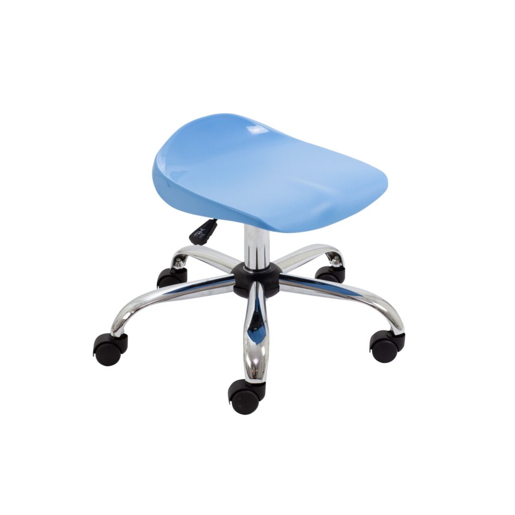 Titan Swivel Junior Stool in blue with chrome base and castors, height-adjustable and anti-tilt for educational seating.