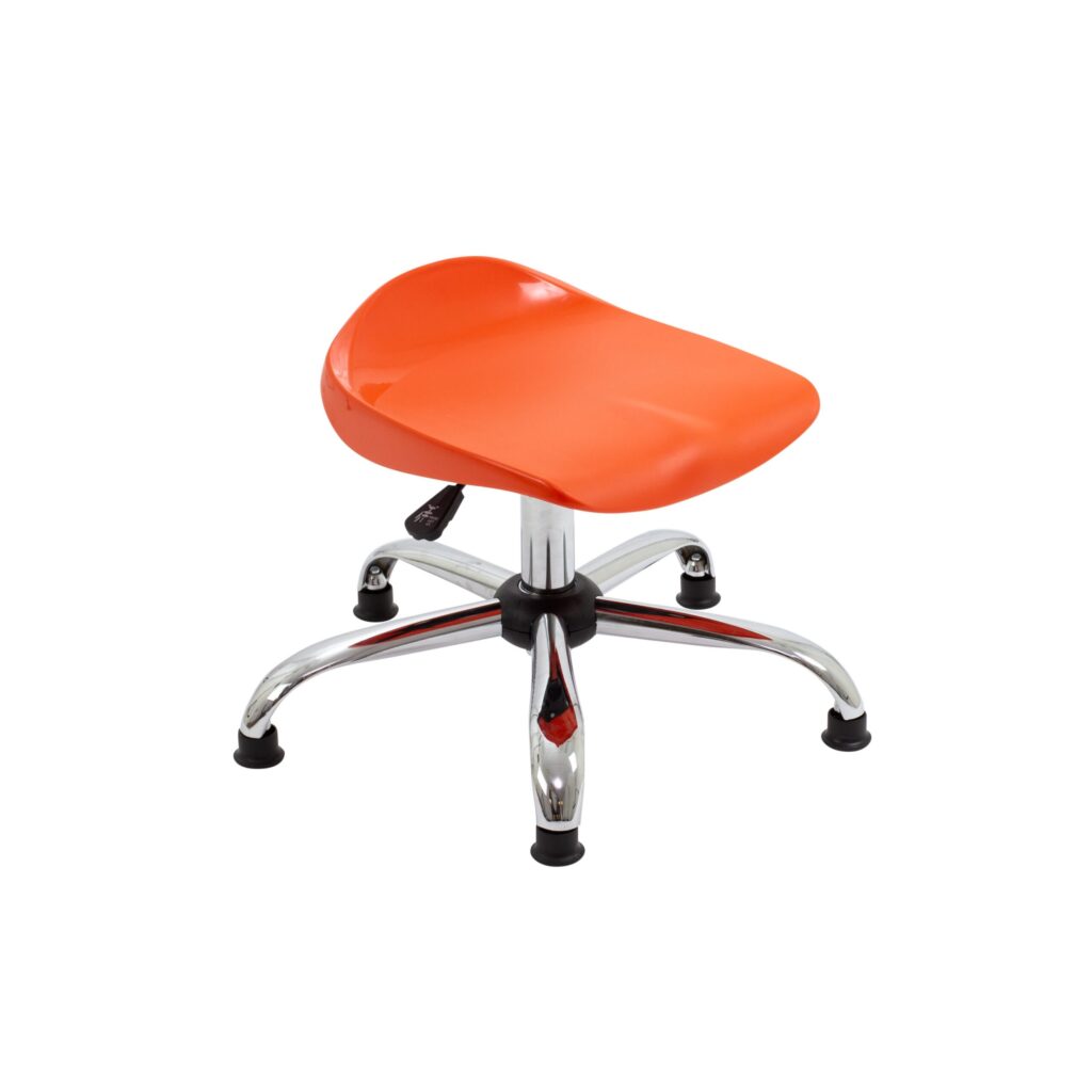 Titan Swivel Junior Stool with orange seat, chrome base and glides, offering height-adjustable, safe seating for children.