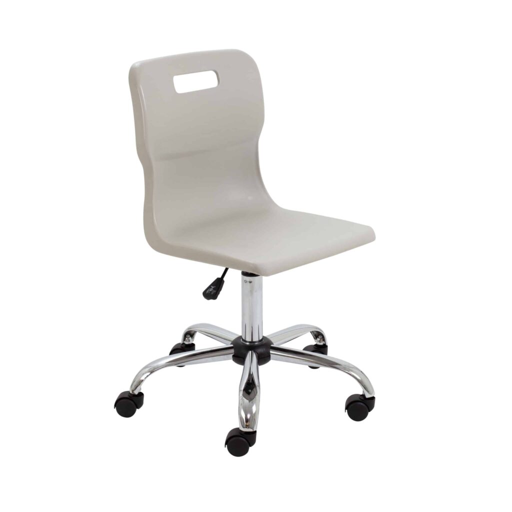 Titan Swivel Senior Chair in light grey with chrome base and five castors, featuring height adjustment and anti-tilt design.