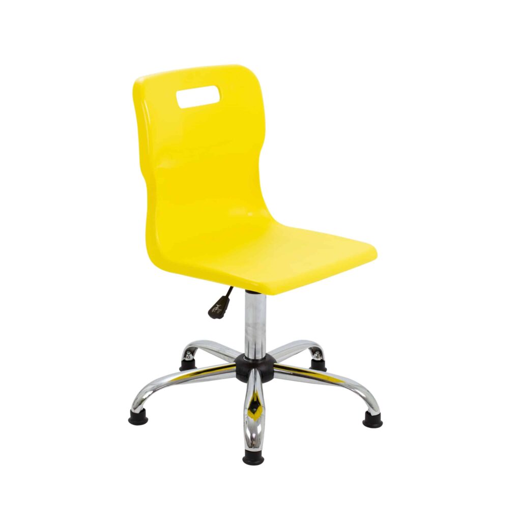 Titan Swivel Senior Chair in yellow with chrome base and glides, designed for educational seating and comfort.
