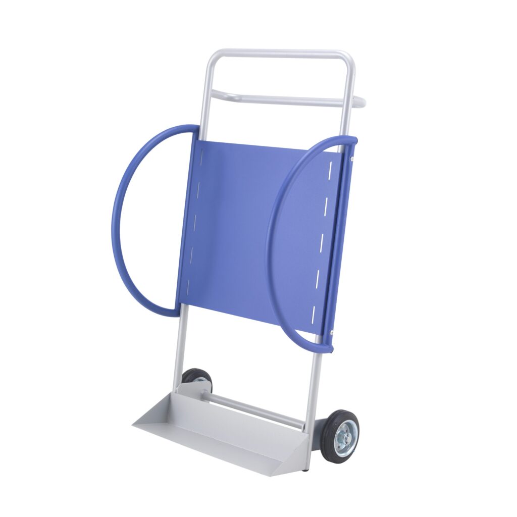 Titan Chair Trolley with a silver frame and blue supports, designed to hold up to 15 folding chairs, featuring large handles and thick tyres