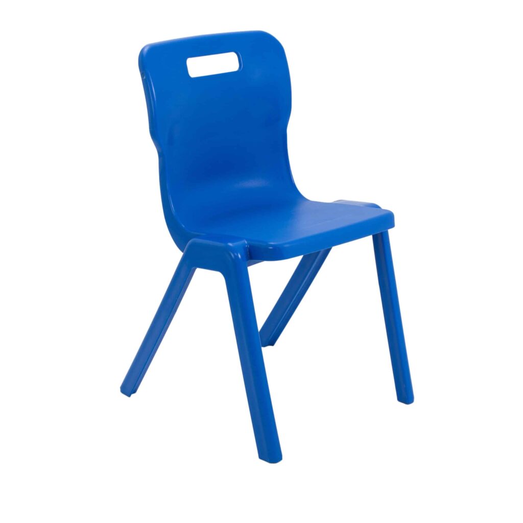 Titan Antibacterial One Piece Chair in blue, designed for educational settings, stackable, durable, and maintenance-free.