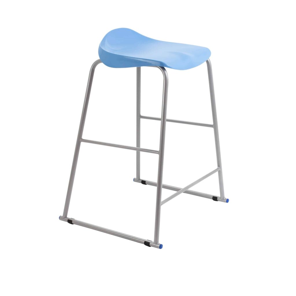 Titan Stool in blue with a silver anti-tilt frame, featuring lumbar support and stackable design for easy storage.