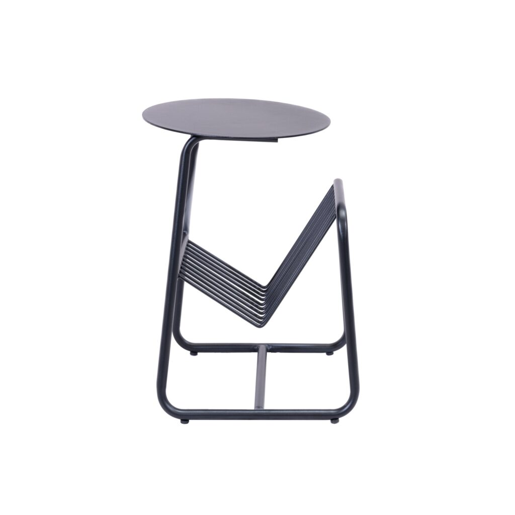 Compact Repose Side Table with Magazine Rack, featuring industrial sheet steel construction and a tubular frame.