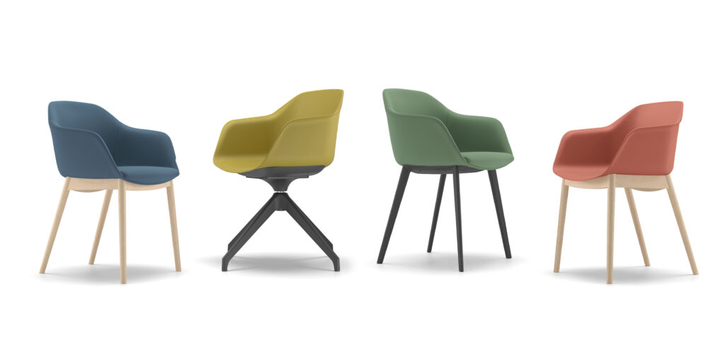 MILO Chair in four colours: blue, yellow, green, and coral, showcasing various base options for café and workspace settings.