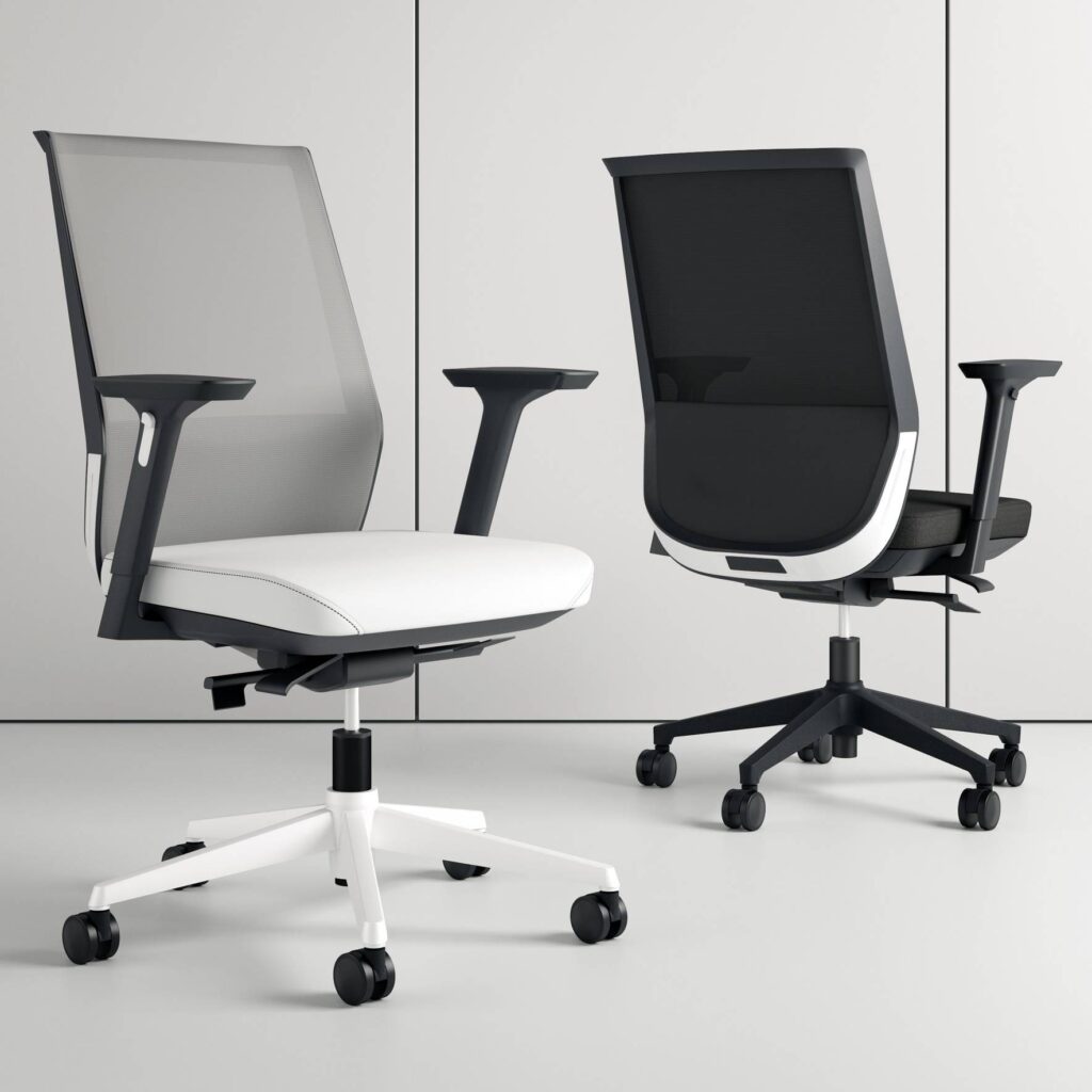 Loop Mesh Back Chair features a breathable mesh back and upholstered lumbar pad, designed for ergonomic comfort in the office.