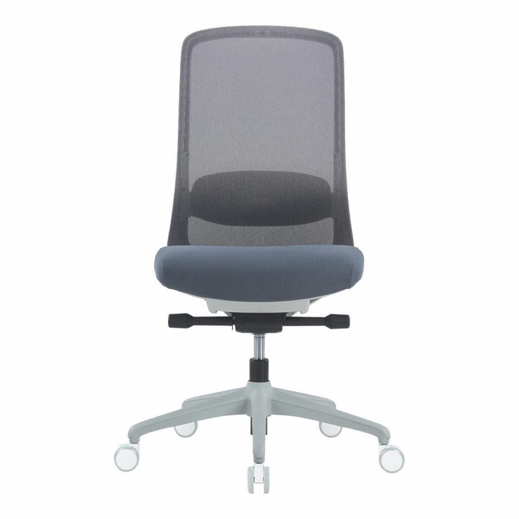 Solo Grey Mesh Back Chair with breathable mesh back, adjustable seat height, and lumbar support. Ideal for long desk use.