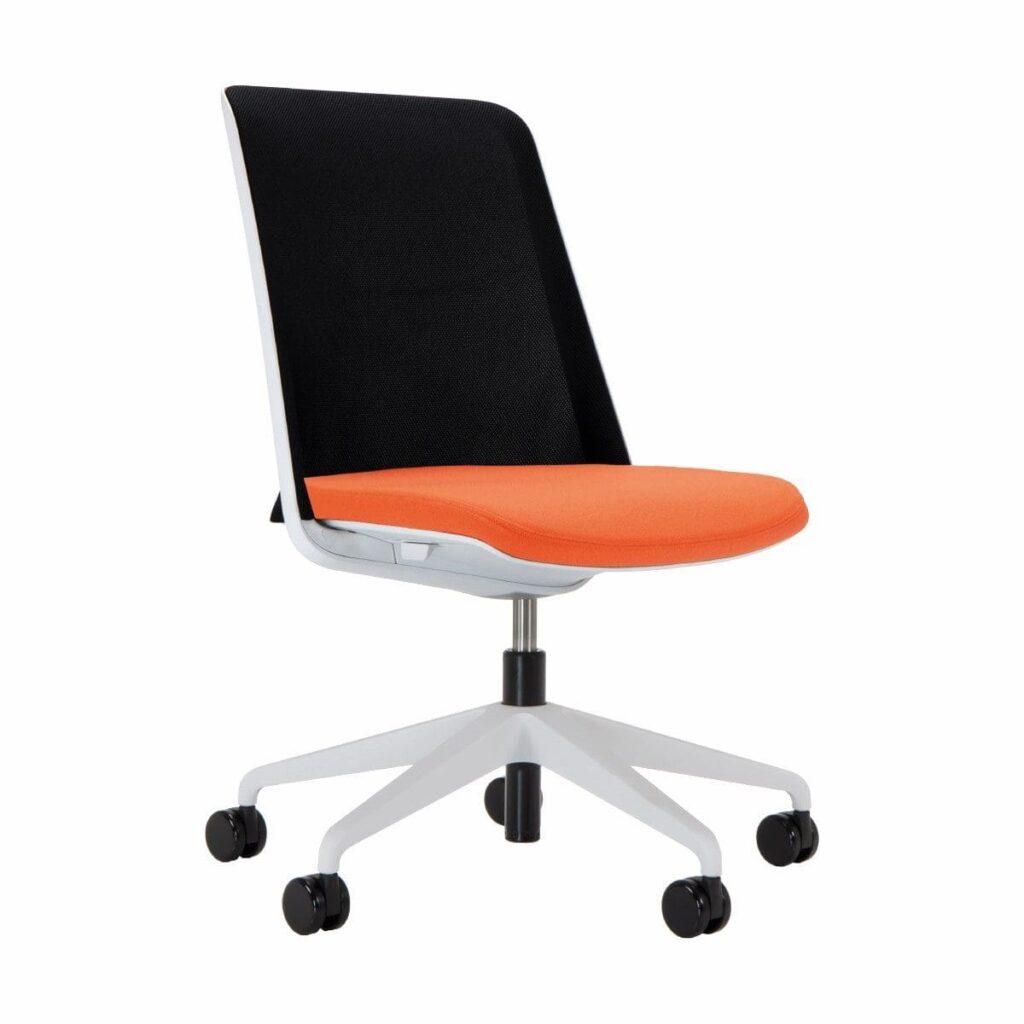 Breeze Grey Mesh Back Chair with orange seat, featuring a breathable mesh back and white five-star base on caster wheels.