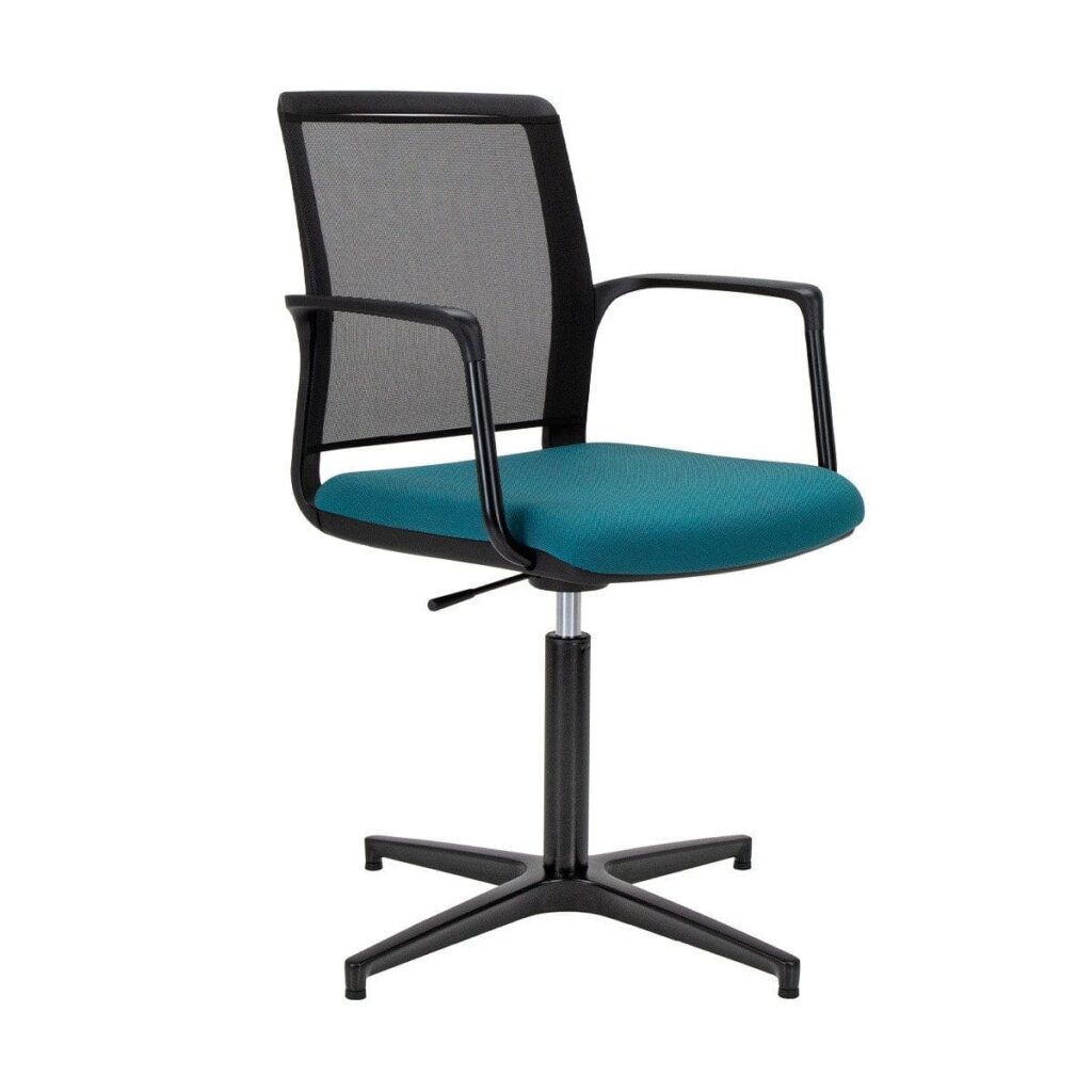 Infinity Mesh Chair in black with teal upholstered seat, featuring a breathable mesh back and a 4-star glide base.