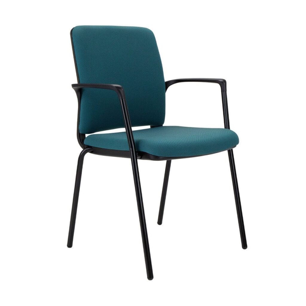 Infinity Meeting Chair with teal upholstery, integrated arms, and black 4-legged frame for flexible, dependable seating.