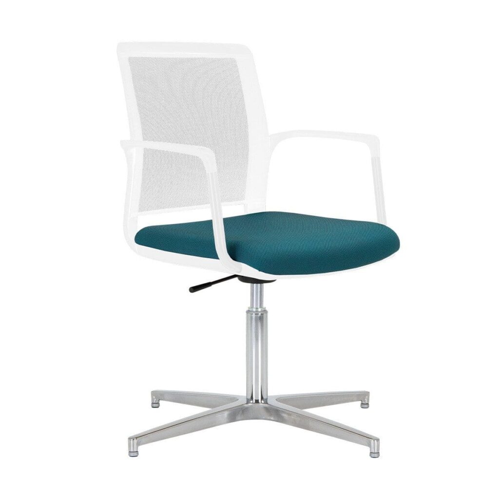 Infinity Mesh Chair with white polypropylene shell, mesh back, turquoise seat pad, and a four-star base with glides.