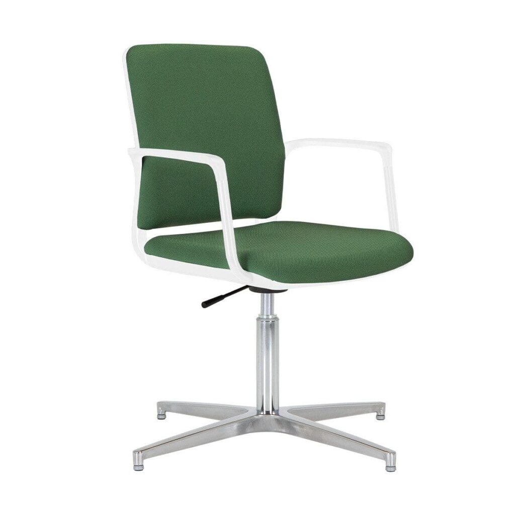 Infinity Chair with white polypropylene shell, integrated arms, green upholstery, and four-star chrome glides.