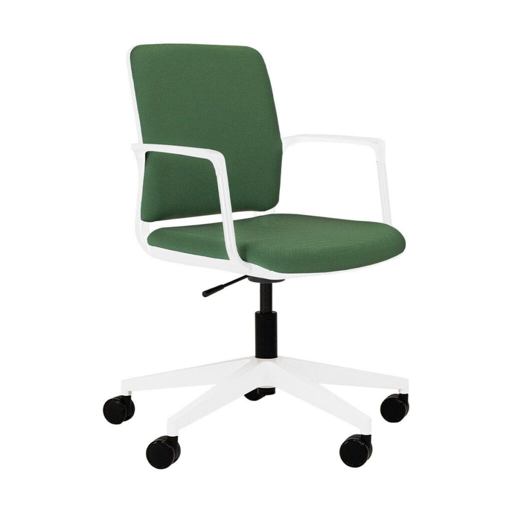 Infinity Chair White on a 5-Star base with integrated arms and green upholstery, suitable for collaborative spaces.
