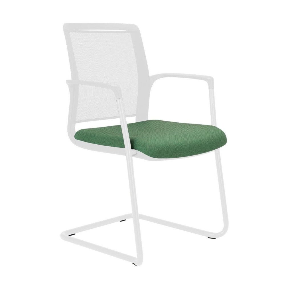 Infinity Mesh Meeting Chair with green upholstered seat on white cantilever frame, featuring a mesh back design.