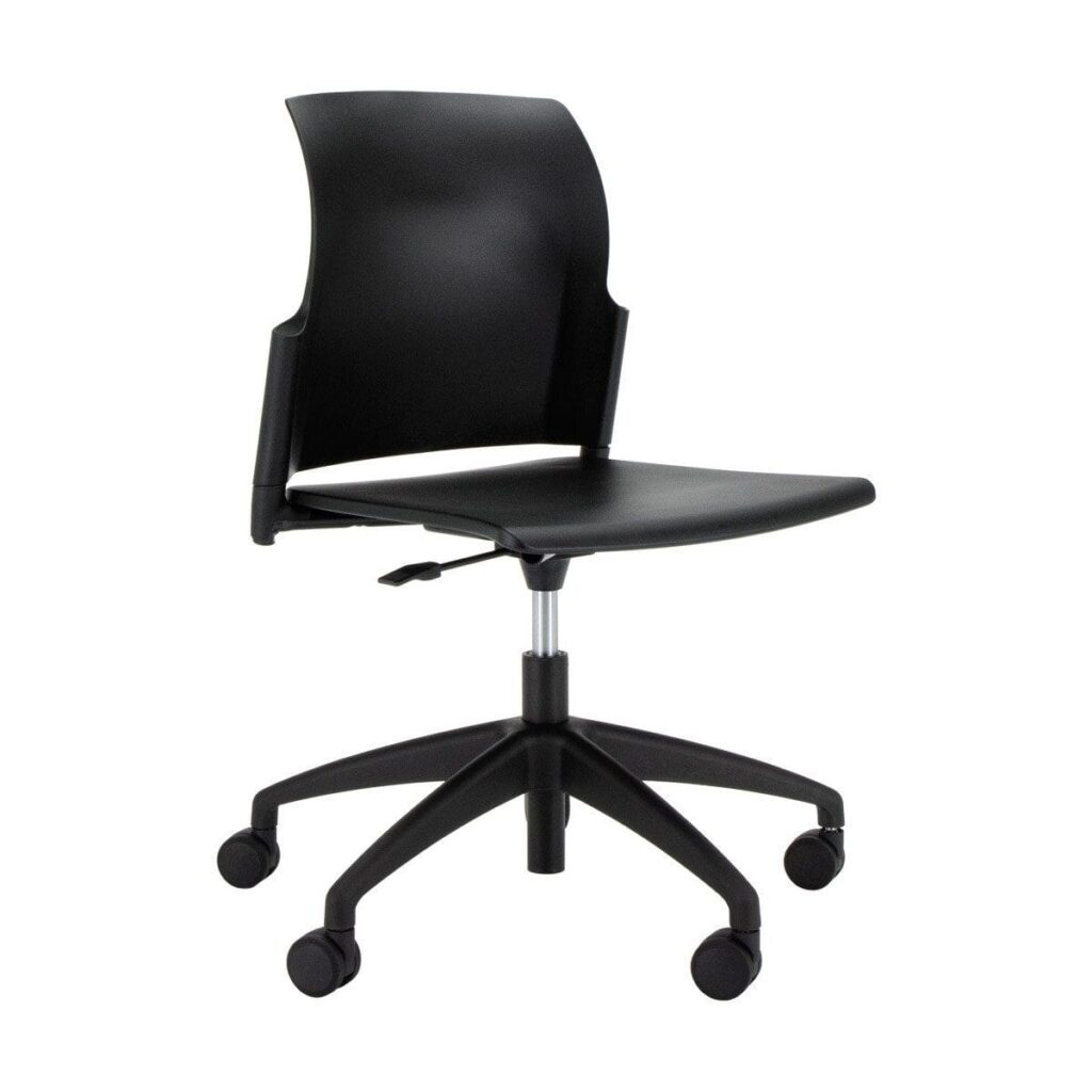 Leola Plastic Shell Chair in black, featuring integrated arms, adjustable height, and a wheeled base for flexible workspace use.
