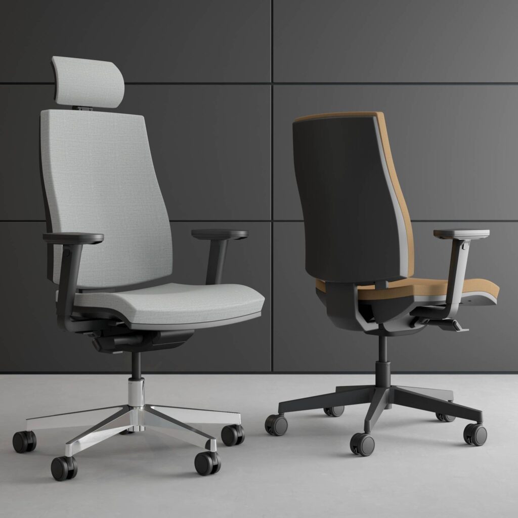 Match Task Chair in gray fabric with height-adjustable back and headrest, featuring a black frame and chrome base.