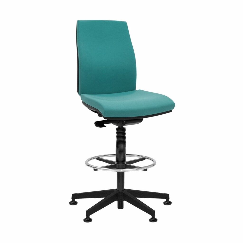 Match Draughtsman Chair in teal, featuring height-adjustable back, self-weighing mechanism, and a sturdy chrome footring.