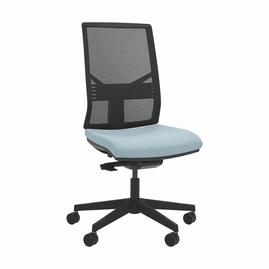 Mix Task Chair in black with breathable mesh back and light blue seat, featuring adjustable lumbar support and tilt mechanism.
