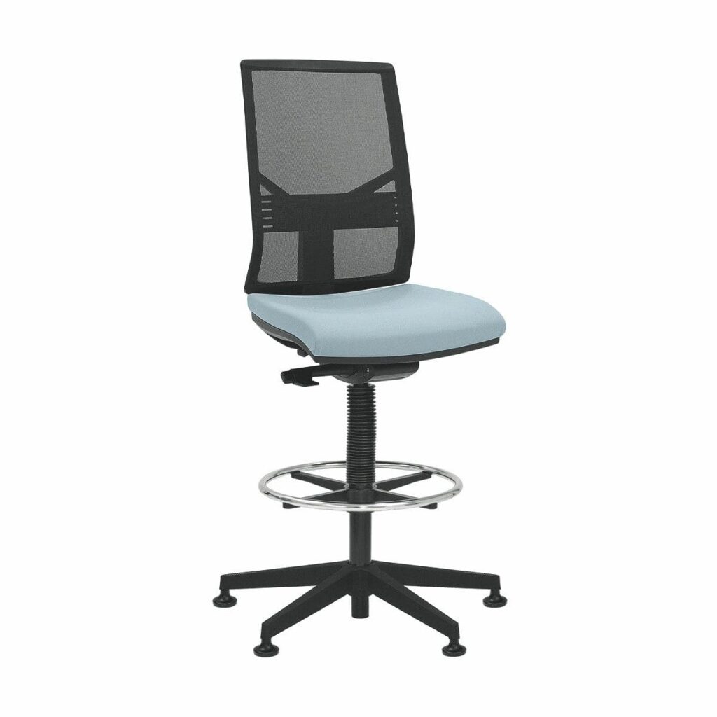 Mix Draughtsman Chair in black frame with breathable mesh back, blue seat, and height-adjustable gas lift.
