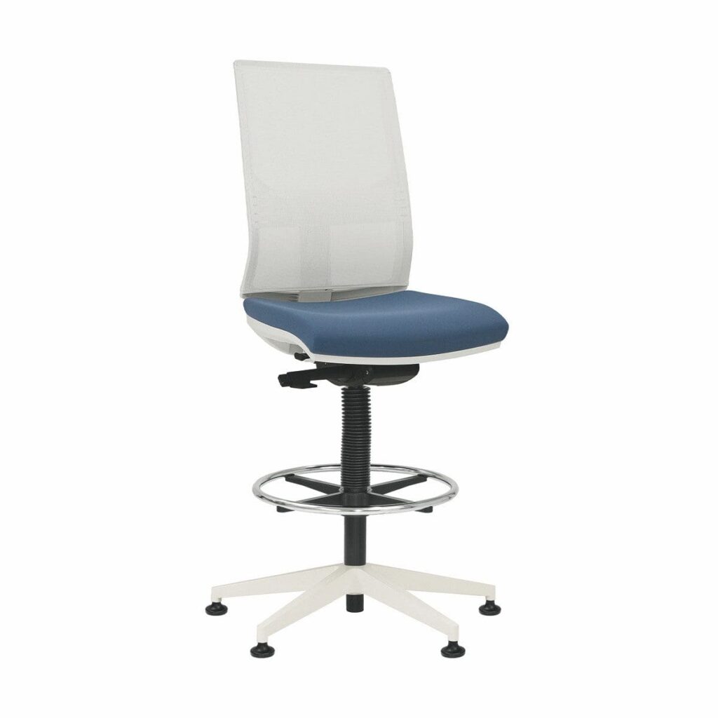 Mix Draughtsman Chair with white frame, blue mesh seat, breathable mesh back, and height-adjustable base.