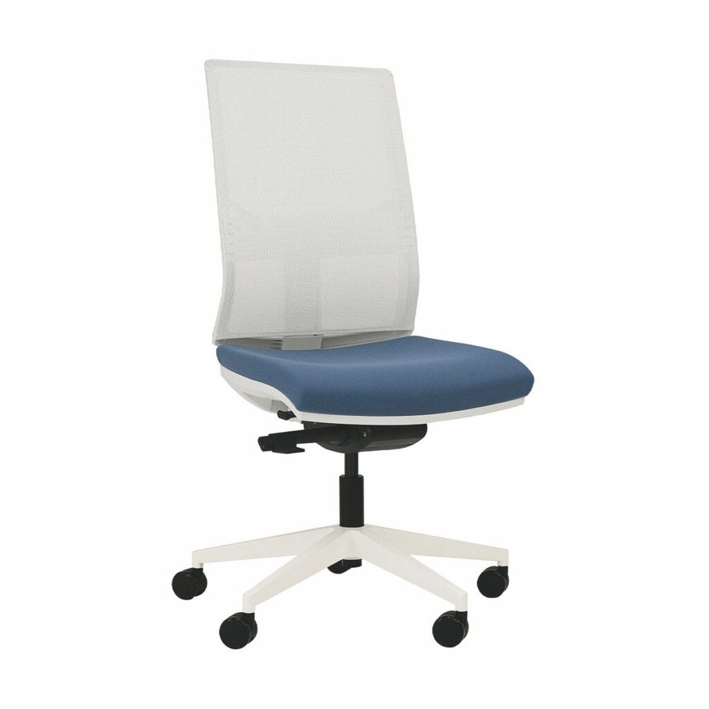 Mix Task Chair White with breathable mesh back, lumbar support, and blue seat, featuring a white frame and five rolling casters.