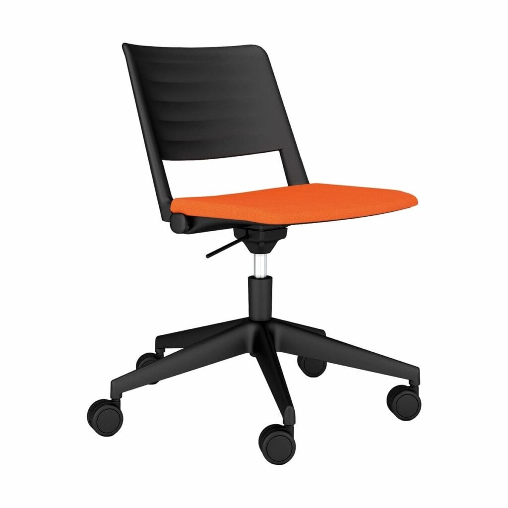Salto Plastic Shell Chair with upholstered orange seat, durable black plastic shell, on a five-star wheeled base.