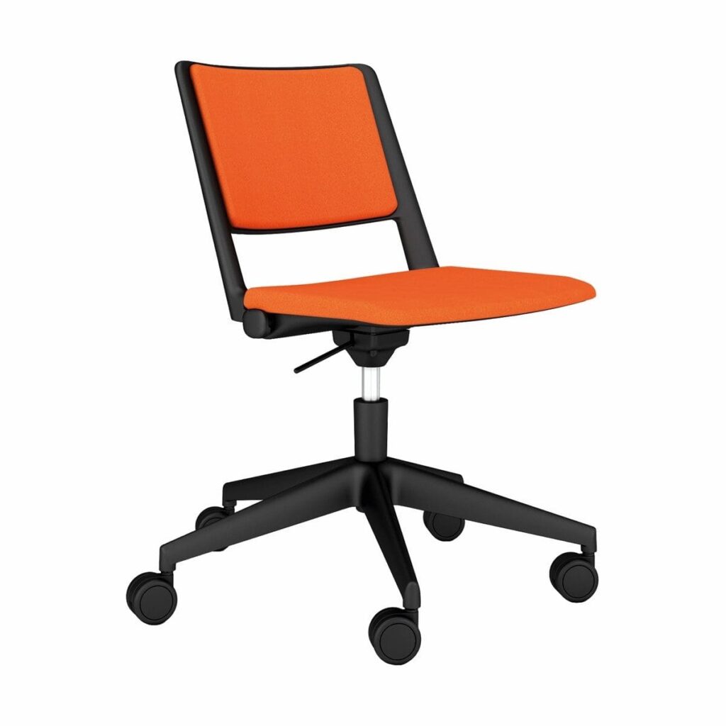 Salto Plastic Shell Chair with orange upholstered seat and back, on a black wheeled base, perfect for agile and collaborative spaces.