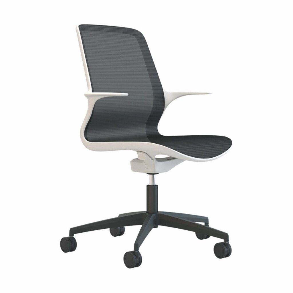 Tempo black mesh chair with white shell, integrated tilt mechanism, and PU support, ideal for collaborative workspaces.