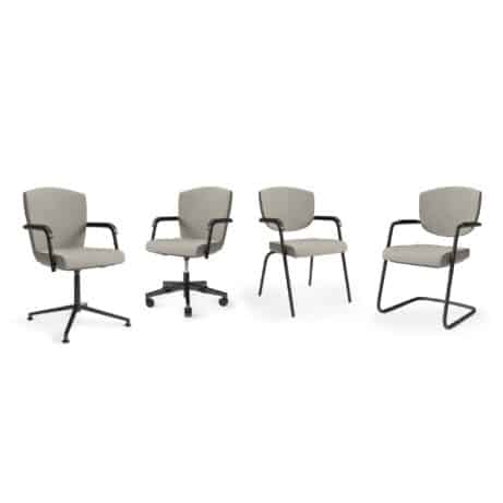 KEY Meet Half Back chairs in grey upholstery with various frames: four-legged, cantilever, and mobile designs.