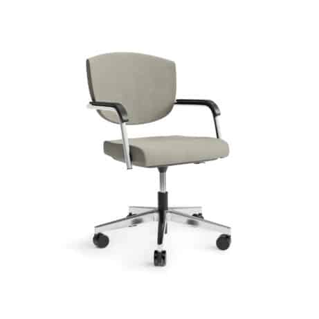 KEY Meet Half Back conference chair with gray upholstery, armrests, and a chrome five-star base on wheels.