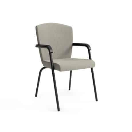 KEY Meet Full Back chair, fully upholstered in light gray fabric, with black four-legged frame and armrests. Stackable design.