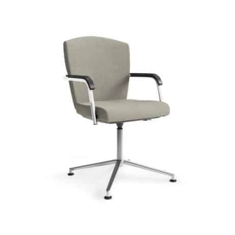KEY Meet Full Back chair in light grey fabric with chrome four-legged frame and armrests, designed for versatile meeting spaces.