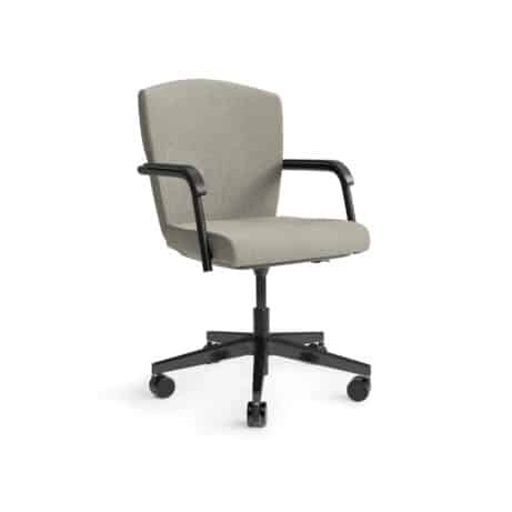 KEY Meet Full Back meeting chair in light gray upholstery with black armrests and a five-star wheeled base.
