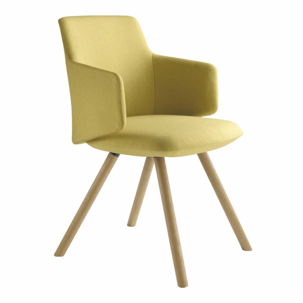 Milo Meeting Chair in yellow upholstery with wooden legs, featuring a curved back for comfort and modern design.