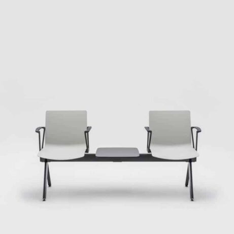 SHILA Beam seating with two grey seats, armrests, and a central table, ideal for reception and waiting areas.