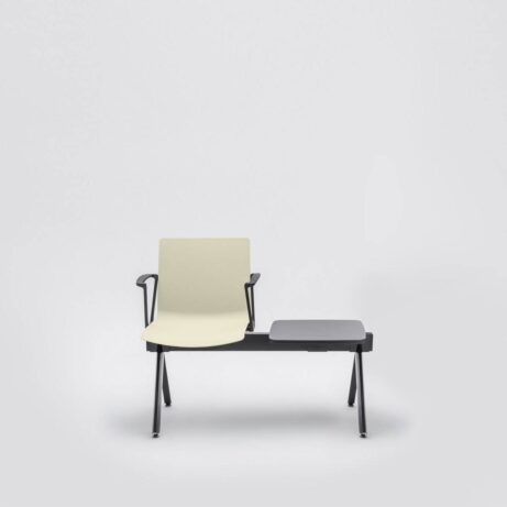 Modular SHILA Beam seating with beige upholstered seat and side table, ideal for reception and waiting areas.