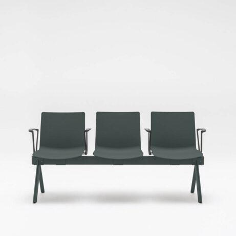 SHILA Beam modular bench seating in dark green, featuring three seats with armrests, ideal for reception and waiting areas.