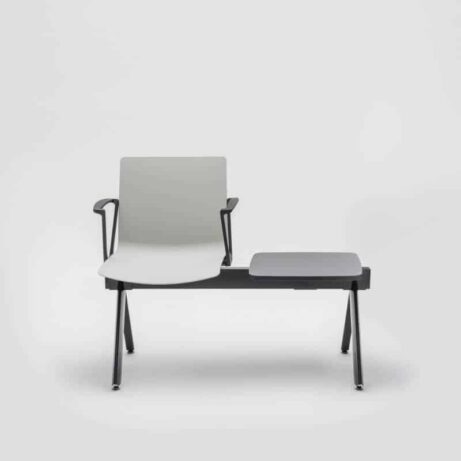 SHILA Beam seating in modular design with armrests, featuring a gray seat and side table, ideal for reception areas.