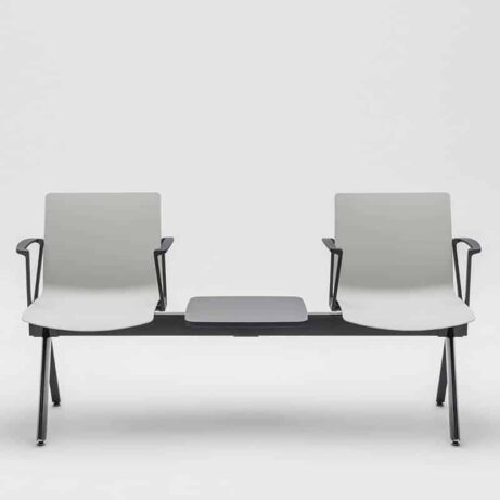 SHILA Beam seating in grey with two seats and a shared tabletop, featuring armrests and a modern design.