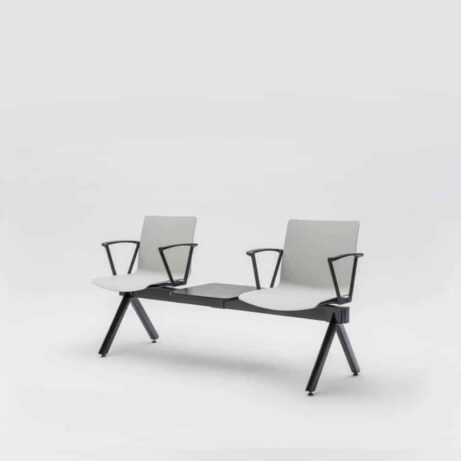 SHILA Beam seating with two grey upholstered seats and black armrests on a modular black frame. Ideal for reception areas.