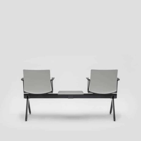 SHILA Beam bench seating with gray upholstered seats, black frame, and optional armrests, ideal for reception areas.